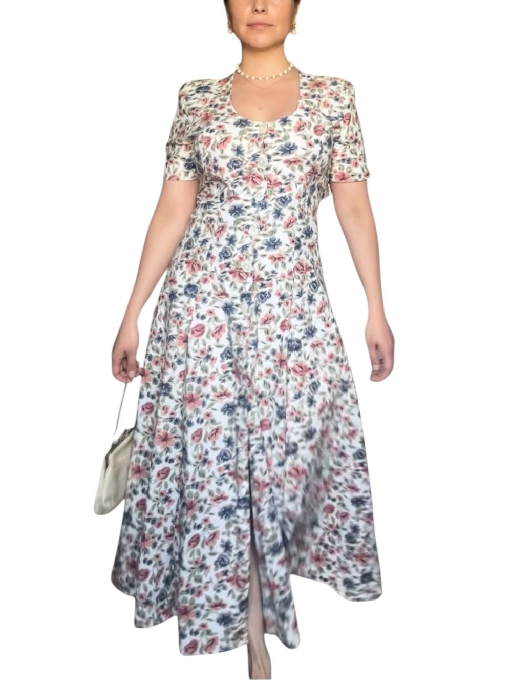 Vintage Floral Maxi Dress Pink Blue Rose Print Cotton Small